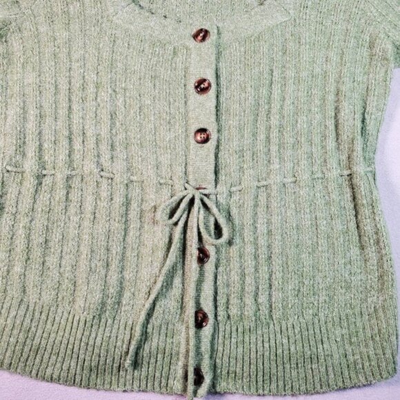 Torrid Sweater Top Womens L Green Ribbed Short Sleeve Button Tie Waist Cottage - Picture 3 of 8
